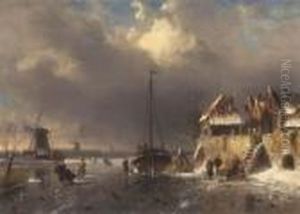 Skaters On A Frozen River Beside A Village