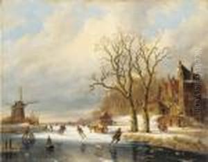 Skaters In A Winter Landscape by Charles Henri Leickert