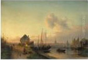 View Of A Town, Evening by Charles Henri Leickert