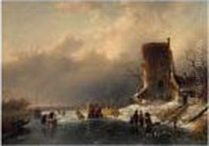 A Frozen River Landscape by Charles Henri Leickert