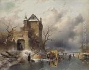 Skaters On A Frozen Lake By The Ruins Of A Castle thumbnail
