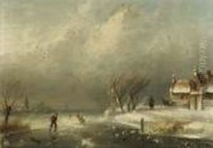 Figures Skating On A Frozen Waterway On A Windy Day by Charles Henri Leickert