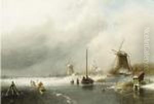 Figures On A Frozen River, With Windmills Beyond by Charles Henri Leickert