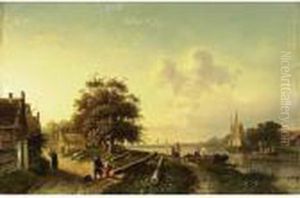 A River Landscape With Figures On A Country Road by Charles Henri Leickert