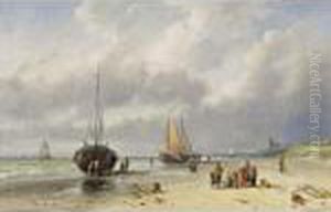 Fisherfolk On The Beach by Charles Henri Leickert