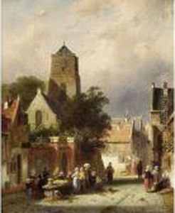 A Street Scene With Villagers By A Market Stall by Charles Henri Leickert