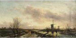 Skaters In A Winter Landscape At Dusk by Charles Henri Leickert