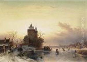 A Winter Landscape With Skaters On A Frozen River by Charles Henri Leickert