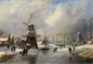 Overtoom Bij Amsterdam: Skaters On A Frozen Canal by Charles Henri Leickert