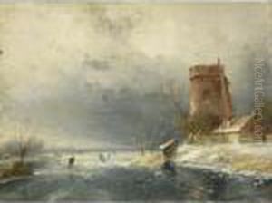 A Winter Landscape With Figures On A Frozen River by Charles Henri Leickert