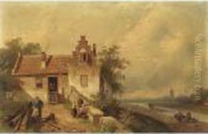 A Summer Landscape With Figures In A Yard