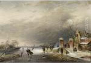 A Winter Landscape With Figures On A Frozen Waterway by Charles Henri Leickert