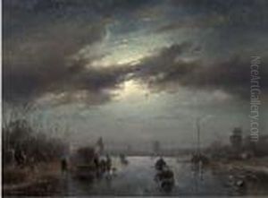A Moonlit Landscape In Winter With Skaters By A Koek-en-zopie