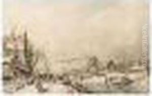 Villagers In A Wintry Dutch Town by Charles Henri Leickert