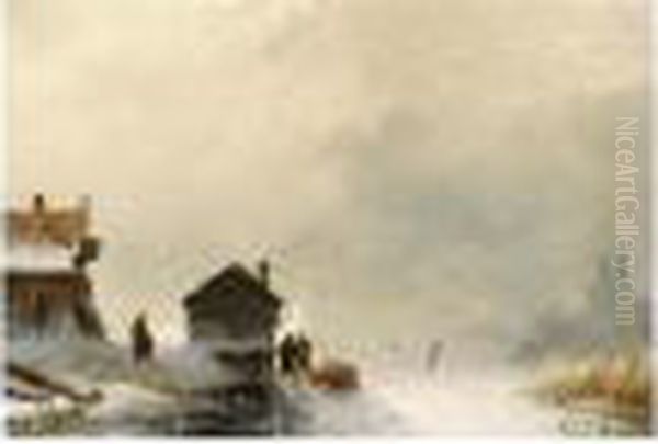 A Winter Landscape With Figures On A Frozen River - view 1