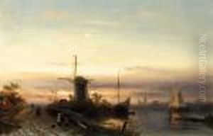 A River Landscape With Figures On A Path At Dusk, A Town Beyond by Charles Henri Leickert