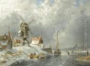 A Winter Landscape With Figures On The Ice by Charles Henri Leickert