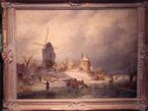 Figures On A Frozen Canal Beside A Mill