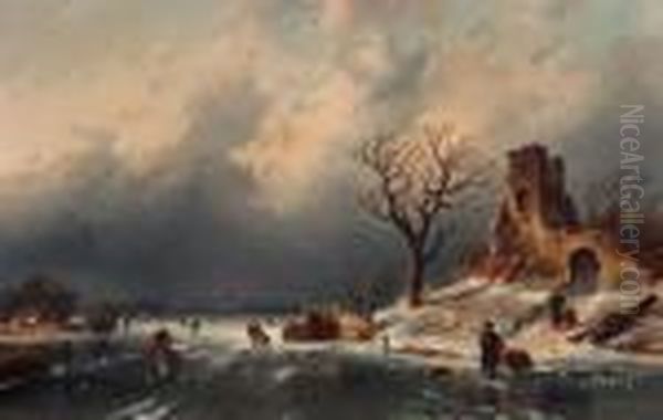 A Frozen Waterway With Figures Skating And A Koek And Zopie Near A Snow-covered Ruin - view 1