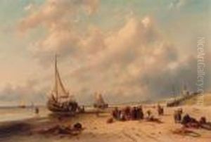 A Sunlit Beach With Bomschuiten And A Fish-auction, Scheveningen by Charles Henri Leickert