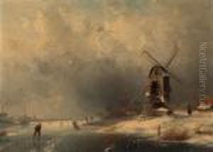 Skaters On The Ice By A Windmill, A Storm Approaching by Charles Henri Leickert