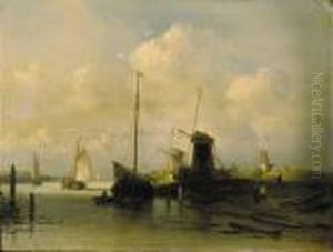 Barges On A Waterway, A Sunlit Churchtower Beyond