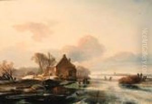 A Winter Landscape With Skaters On A Lake