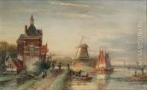 Daily Activities Along A Canal, A Town In The Distance by Charles Henri Leickert