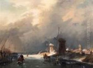 A Winter Landscape With Figures On A Frozen Waterway by Charles Henri Leickert