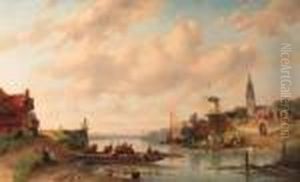 A Sunlit River Landscape With Townsfolk On A Ferry by Charles Henri Leickert