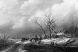 A Winter Landscape With Figures On A Frozen Waterway by Charles Henri Leickert