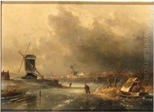 A Winter Landscape With Skaters On A Frozen River Along Awindmill by Charles Henri Leickert