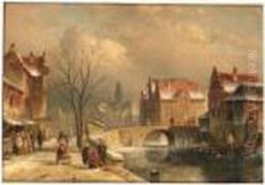 Winter: Villagers On A Snowy Street By A Canal by Charles Henri Leickert
