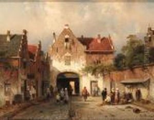 A View In A Town With Numerous Townfolk At A City-gate by Charles Henri Leickert