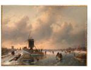 Skaters On A Frozen River By A Windmill At Dusk by Charles Henri Leickert