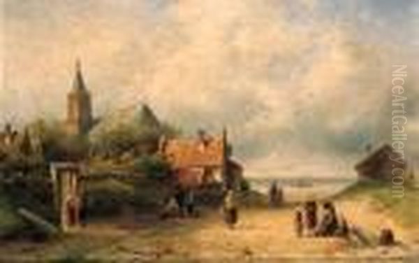 A Coastal Village With Fisherfolk Conversing In Theforeground - view 1