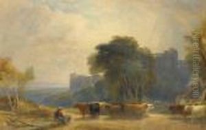 Landscape With Drover And Cattle Before A Castle by William Leighton Leitch