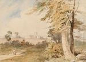 Figures On A Country Lane With A Church Beyond by William Leighton Leitch