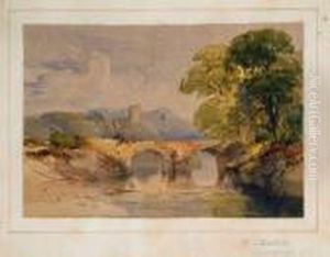 Bridge Over A Quiet River With Mature Trees To Bank And Castle Ruins Beyond by William Leighton Leitch
