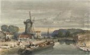 Figures Loading A Barge Before A Windmill (illustrated); And Aborder Castle by William Leighton Leitch