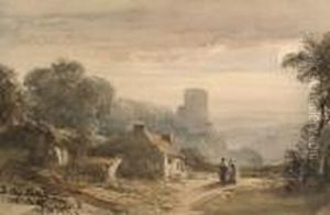 Figures Before A Cottage Looking Out To A Valley Beyond Figures Before A Cottage Looking Out To A Valley Beyond