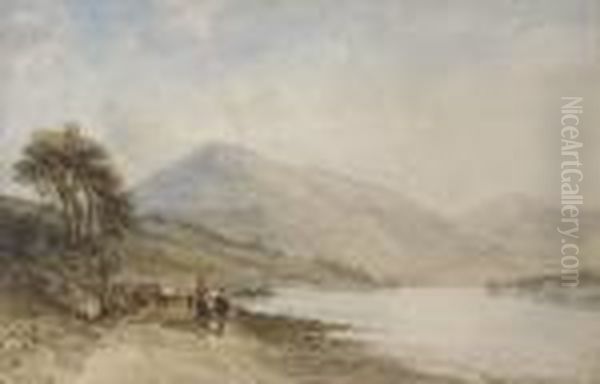Travellers Walking Alongside A Lake - view 1