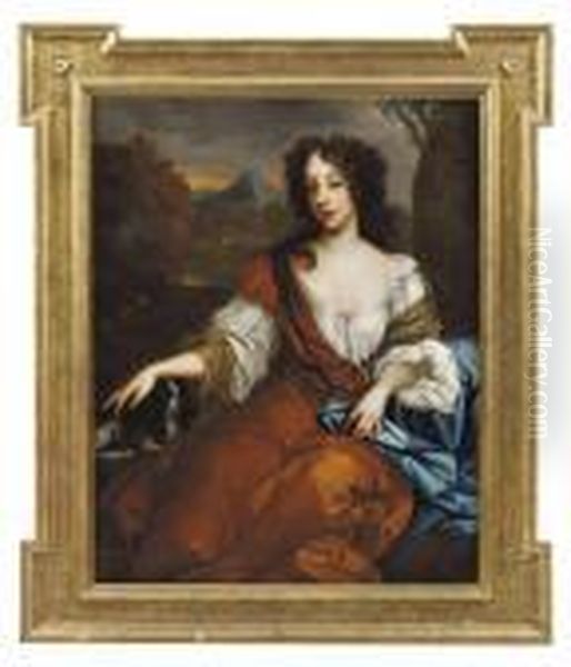 Portrait Of Mary Of Modena, 
Queen Of King James Ii,three-quarter-length, Seated, In An Ochre Dress 
And Blue Wrap, Witha Dog Beside Her, Her Right Hand Resting On A Spaniel - view 1