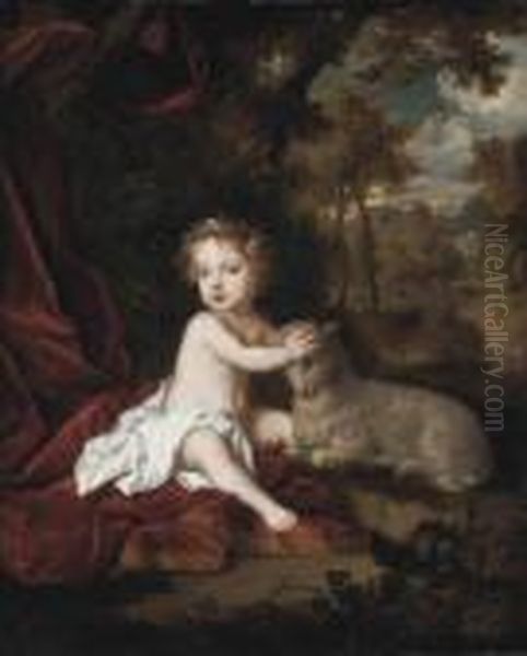 Portrait Of A Girl, Possibly 
Princess Isabella Stuart, Daughter Ofking James Ii, Full-length, With A 
Garland Of Flowers In Her Hair,seated On A Draped Red Velvet Curtain, 
With A Lamb, In A Woodedlandscape - view 1