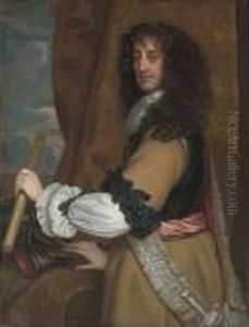 Portrait Of Prince Rupert Of The
Rhine, Duke Of Cumberland, Three-quarter-length, In A Brown And Black
Coat Withred Sash, Holding A Marshal's Baton In His Left Hand, Standing
Infront Of A Gold-brocaded Curtain, In A Landscape by Sir Peter Lely