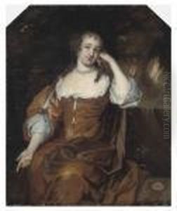 Portrait Of A Lady,
Three-quater-length, Seated In Rust Coloureddress, Beside A Waterfall,
In A Landscape by Sir Peter Lely