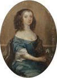 Portrait Of A Lady, Seated, In A Blue Dress Holding A Flower by Sir Peter Lely