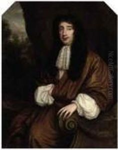 Portrait Of A Gentleman, 
Three-quarter-length, Seated In A Brown Coat And Lace Cravat, A 
Landscape Beyond by Sir Peter Lely