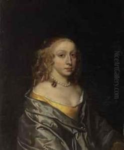 Portrait Of Mary Lee, Wife Of 
Sir John Morley, Half-length, In Ayellow Dress And Blue Mantle, With A 
Pearl Necklace