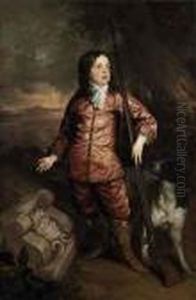 Portrait Of Richard Gibson 
(1605/1615?-1690), Full-length, In Afur-trimmed Silk Doublet And 
Pantaloons, White Stock And Boots,holding A Flint-lock Musket, With A 
Hound, In A Wooded Landscapewith Classical Ruins